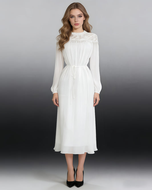 White Lace Stand Collar Tie Waist Chiffon Maxi Dress