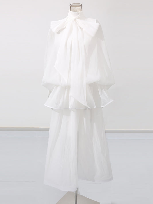 White Lace Up Ruffled Sheer Long Dress