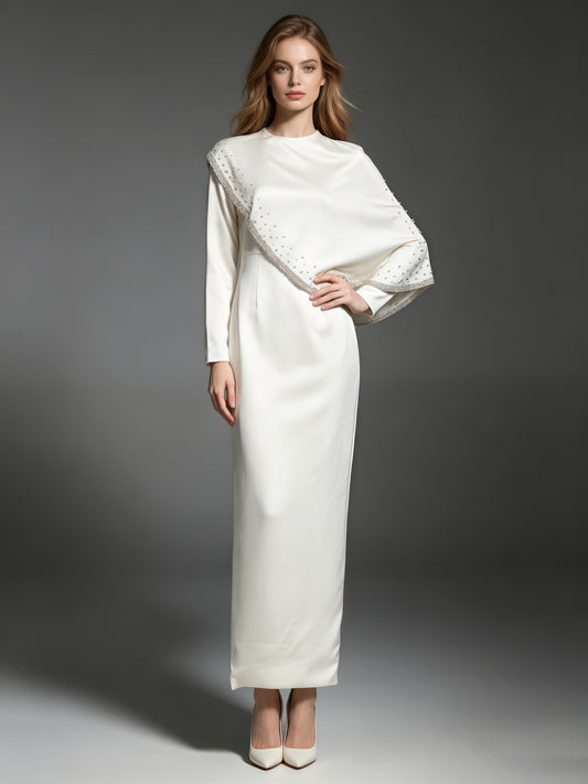 Long Sleeve Cape Overlay Beaded Maxi Evening Dress