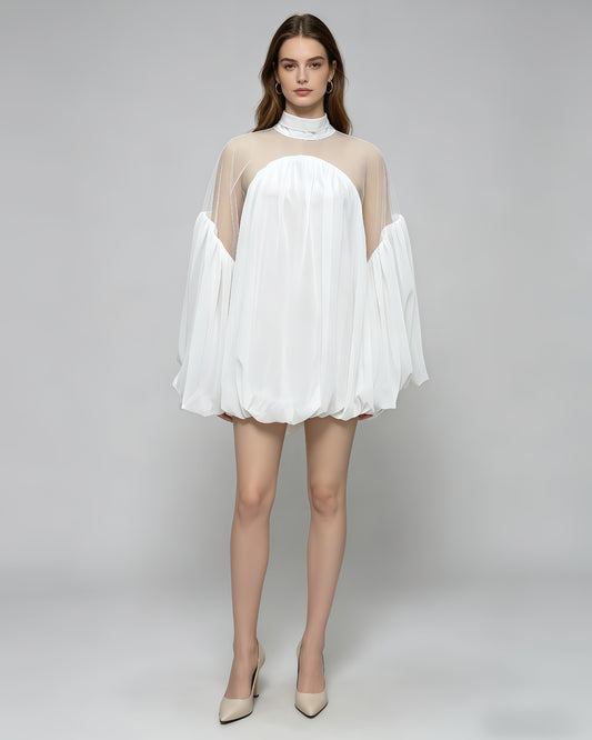 White Mesh Insert Puff Sleeve Babydoll Top