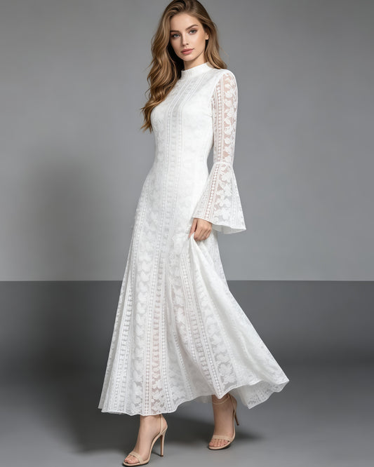 White Mock Neck Lace Bell Sleeve Maxi Dress