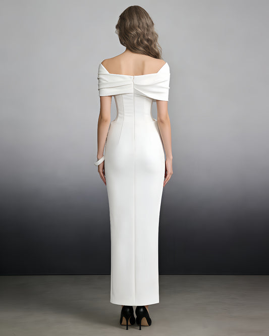 White Off-Shoulder Draped Column Maxi Dress