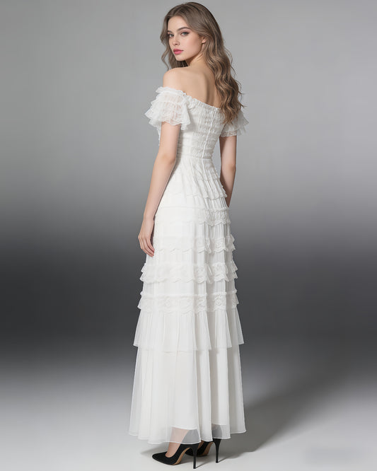 White Off-Shoulder Ruffled Tulle Maxi Dress