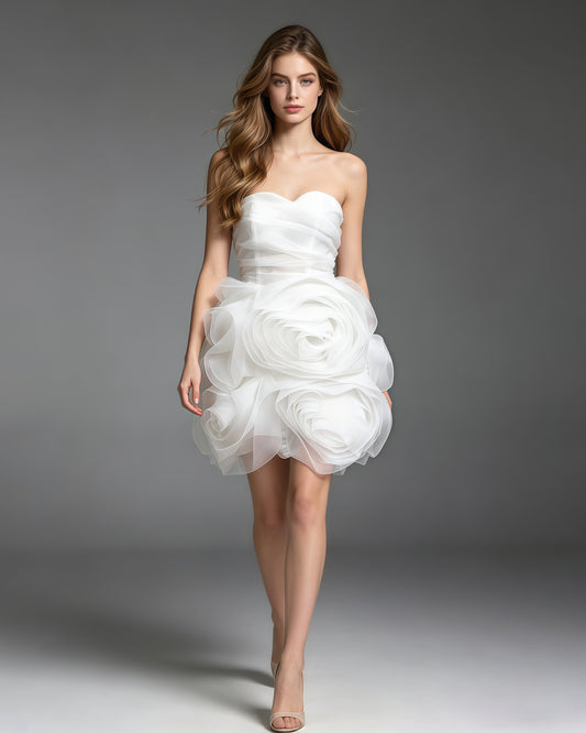 White Off Shoulder Spliced Rose Mini Dress