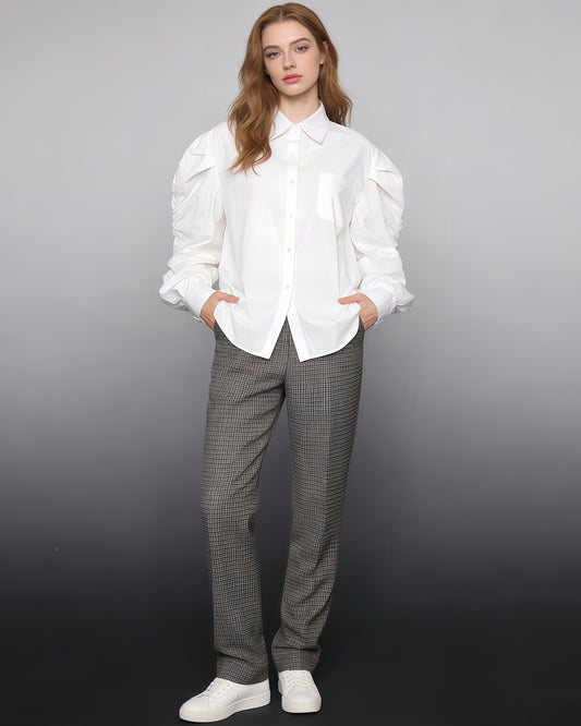 White Oversized Shirt with Ruched Puff Sleeves