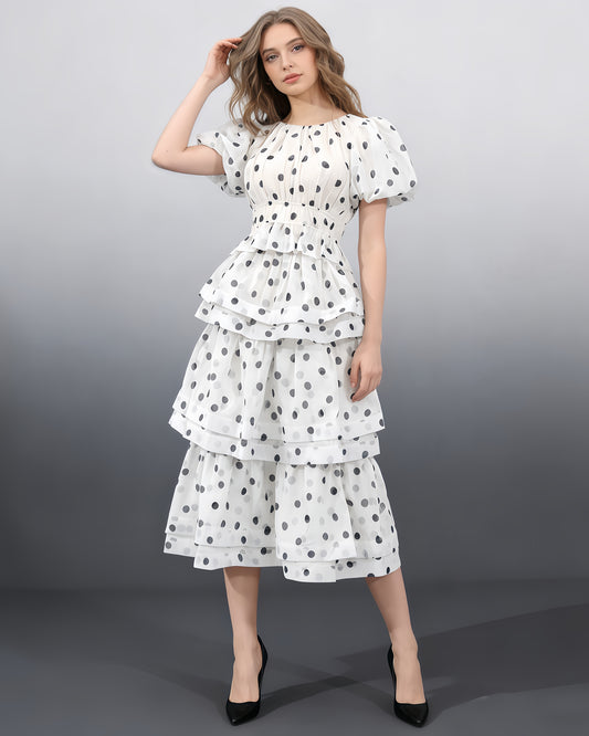 White Polka Dot Puff Sleeve Tiered Dress Set