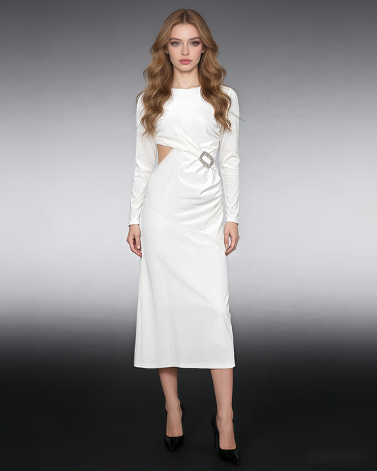 White Rhinestone Buckle Fitted Maxi Gown