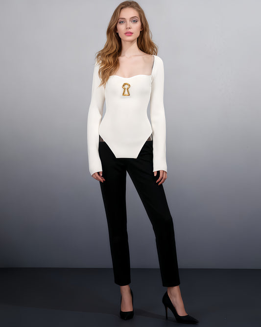 White Knitting Sweater with Gold Keyhole Accent