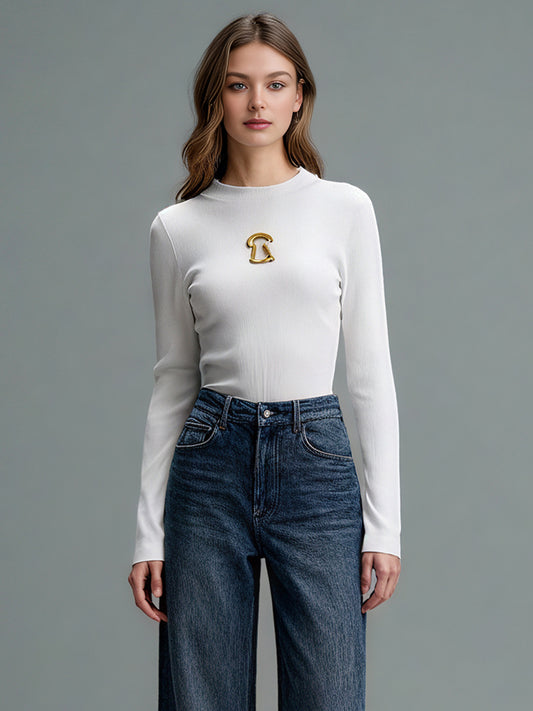 White Ribbed Knit Sweater with Gold Embellishment