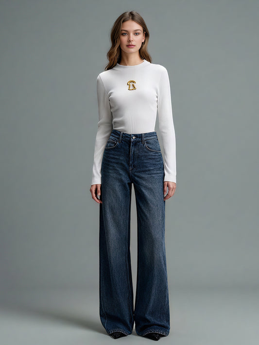 White Ribbed Knit Sweater with Gold Embellishment
