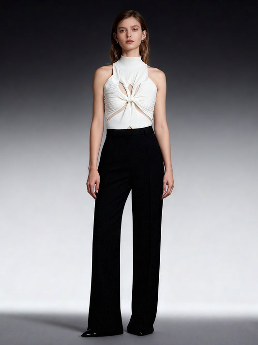 White Ribbed Knot Cutout Sleeveless Top
