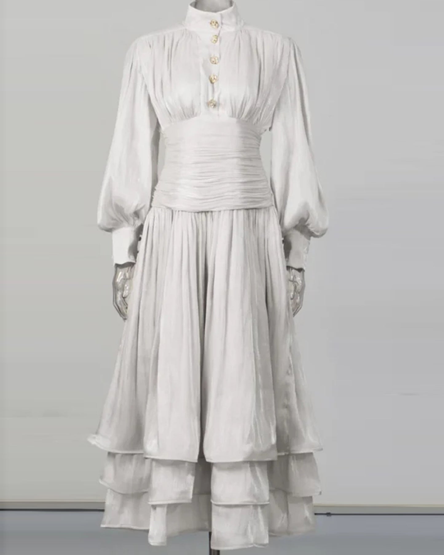 White Ruched Waist Tiered Midi Dress