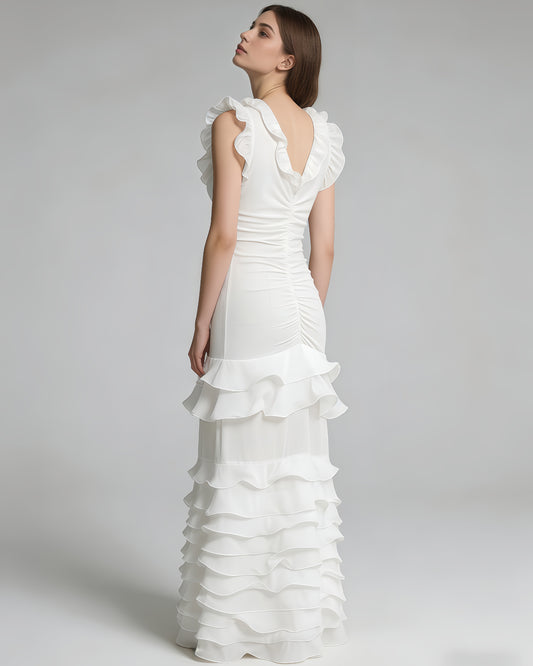 White Ruffle Trim Ruched Mermaid Maxi Dress