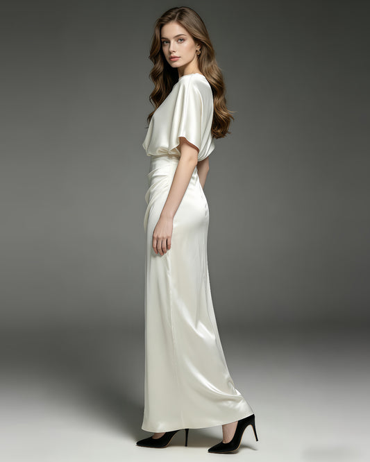 White Satin Draped Maxi Dress