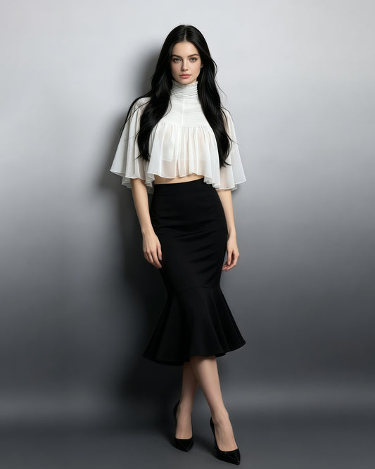 White Sheer Chiffon Mock Neck Ruffled Cape Shrug