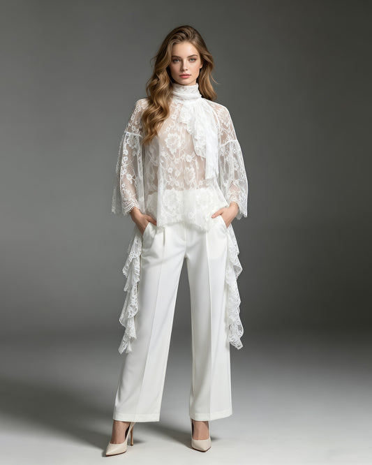 White Sheer Lace High-Neck Top