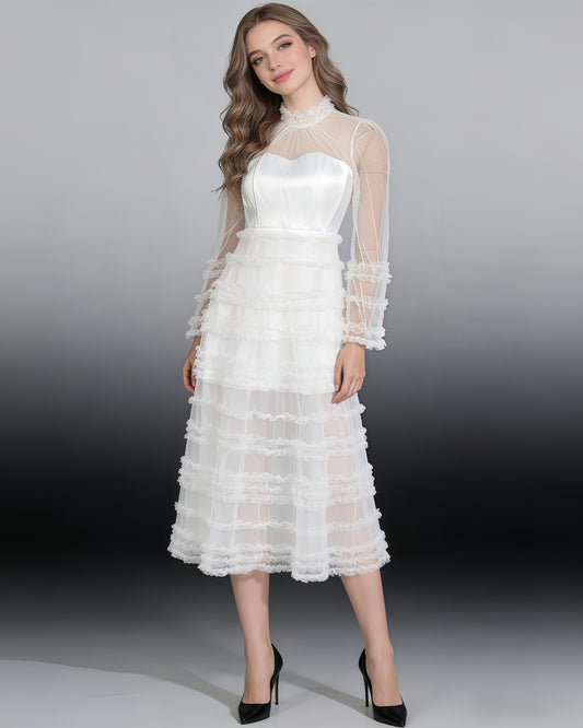 White Sheer Tulle Ruffled Maxi Dress