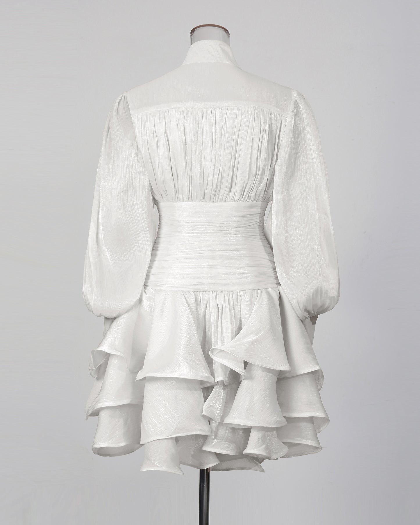 White Shimmer Puff Sleeve Ruffled Mini Dress