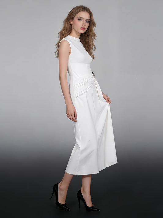 Beige Sleeveless Midi Dress with Metal-Accent Drape