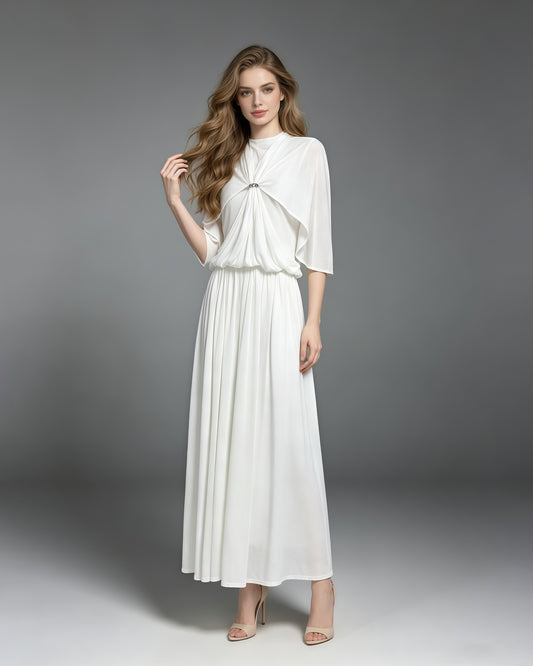 White Stand Collar Metal Buckle Ruched Tunic Maxi Dress