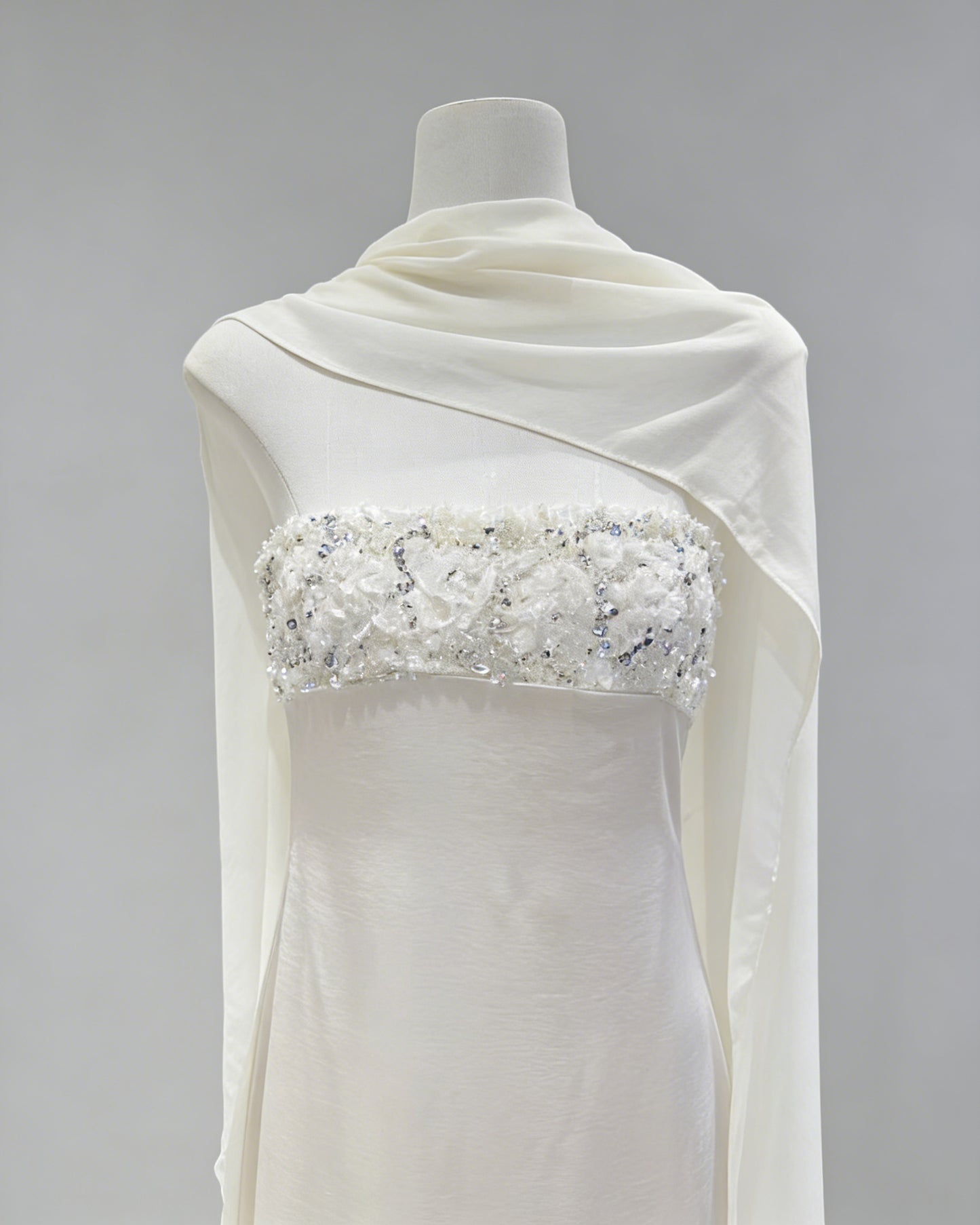 White Strapless Beaded Cape Satin Maxi Dress