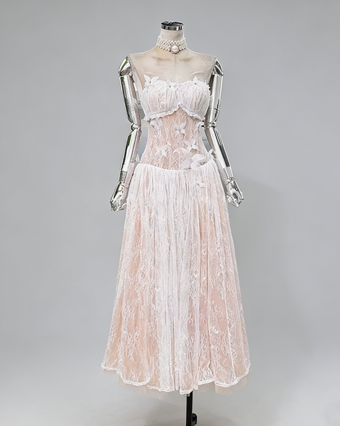 White Strapless Butterfly Lace Midi Dress