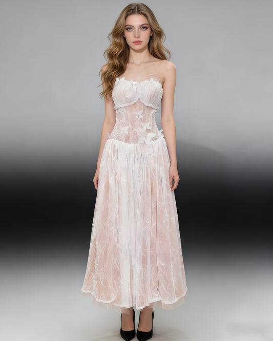 White Strapless Butterfly Lace Midi Dress
