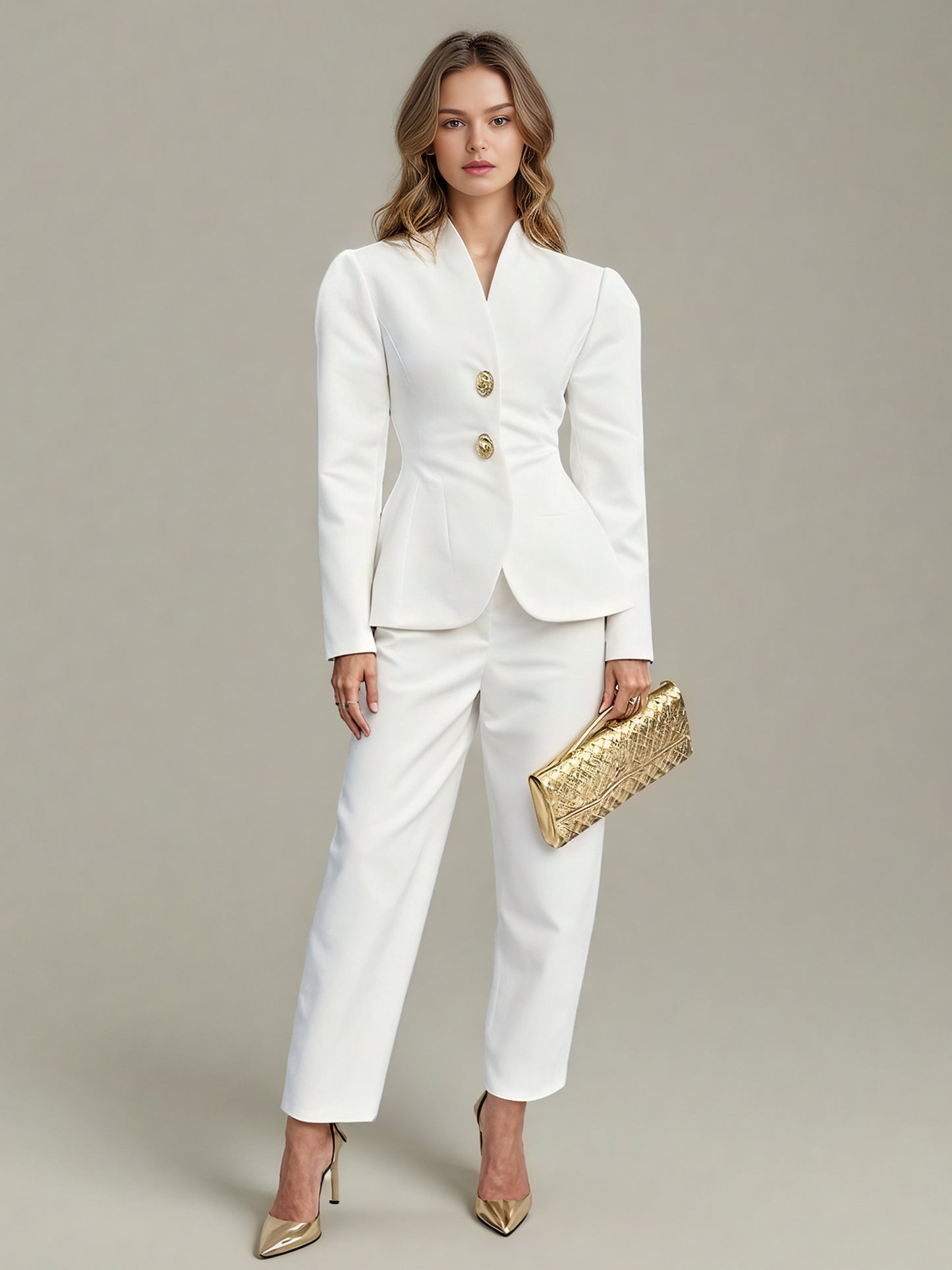White Suit Set with Gold Button & Peplum Blazer