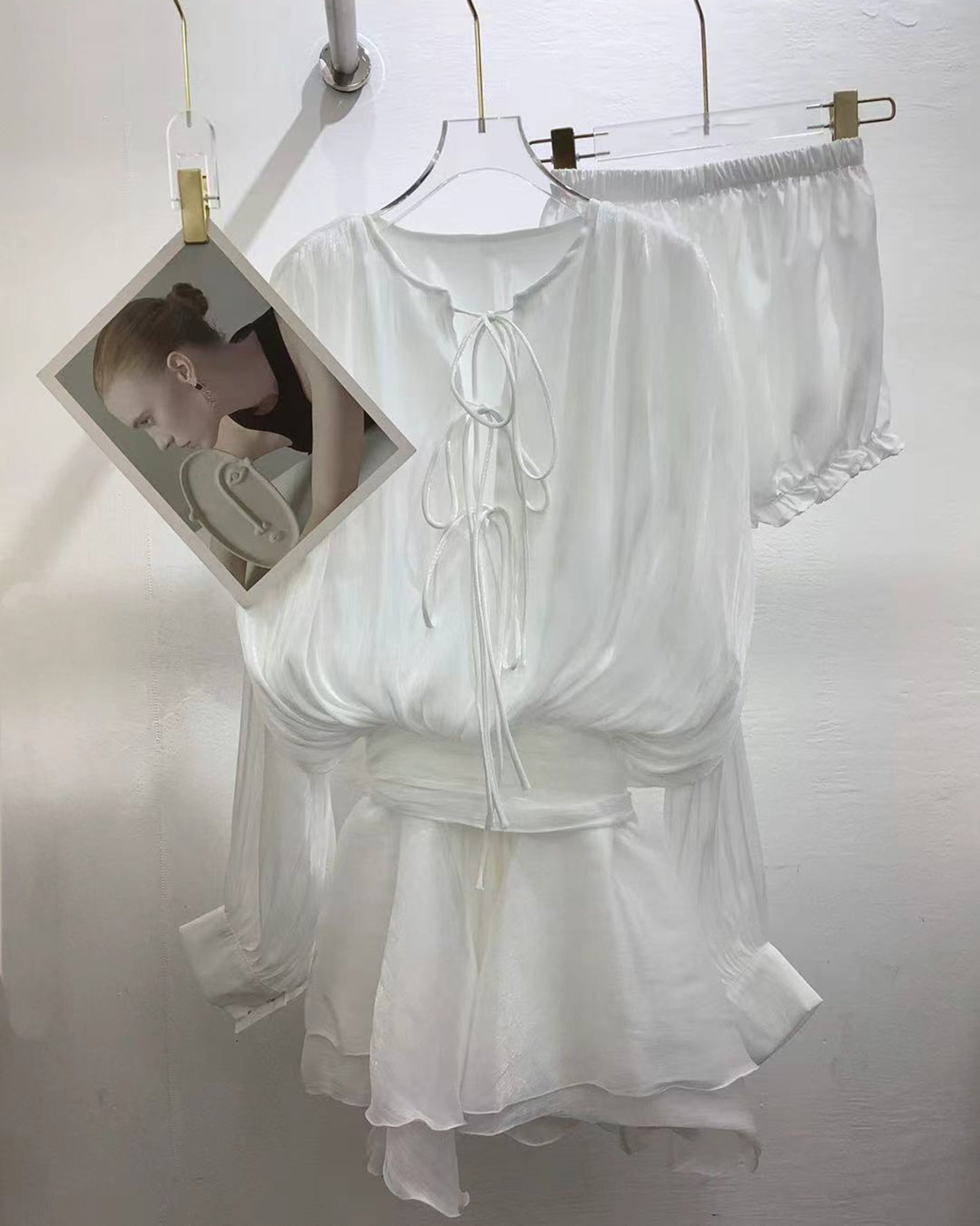 White Tie-Neck Shiny Ruffled Dress