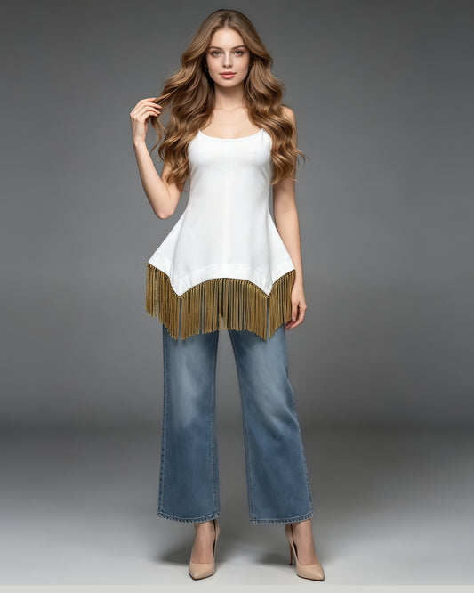 White Tunic Gold Tassel Hem Vest
