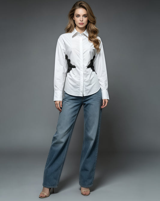 White Tunic Spliced Lace Blouse