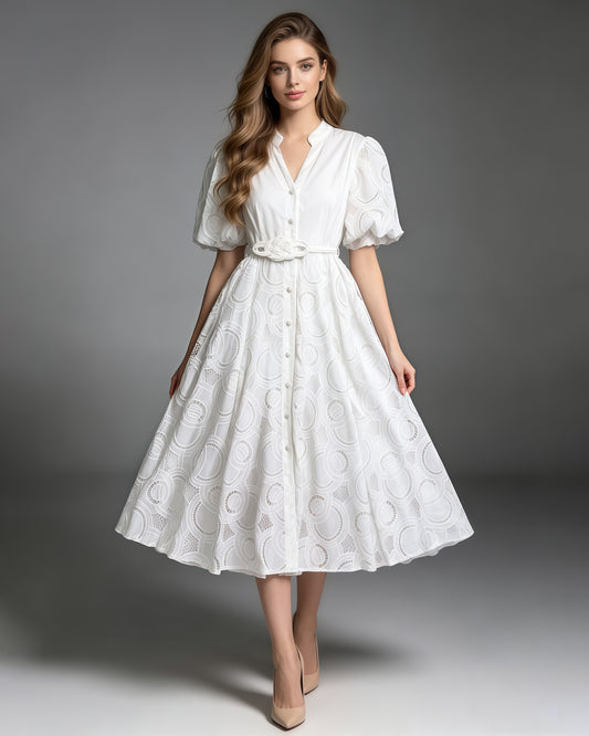 White V Neck Puff Sleeve Tunic Midi Dress