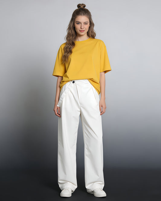 White Wide-Leg Pants with Asymmetrical Waist Flap