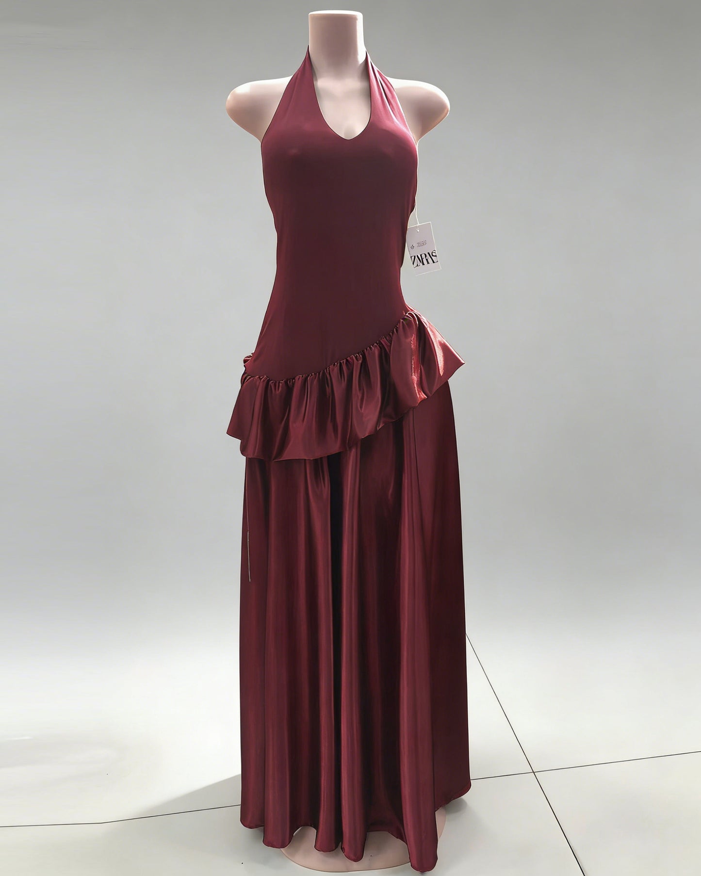 Wine Red Halter Asymmetric Ruffle Satin Maxi Dress