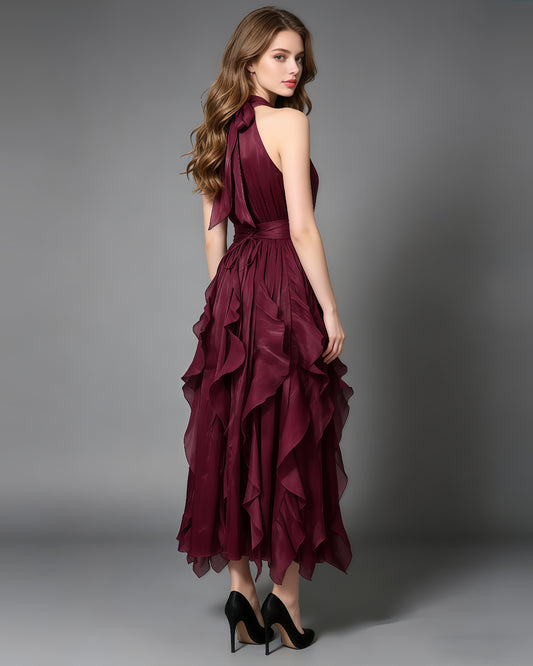 Wine Red Halter Neck Ruffle Midi Dress