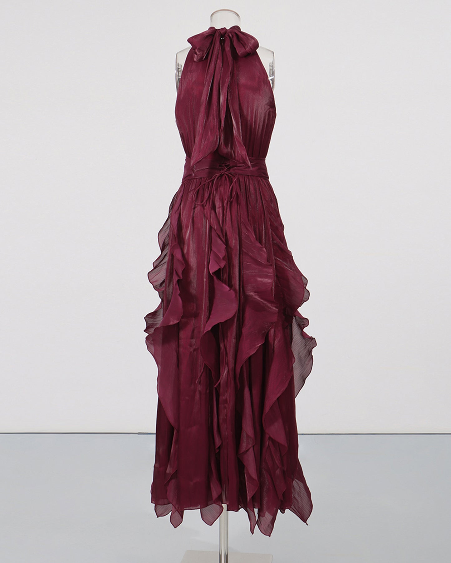 Wine Red Halter Neck Ruffle Midi Dress