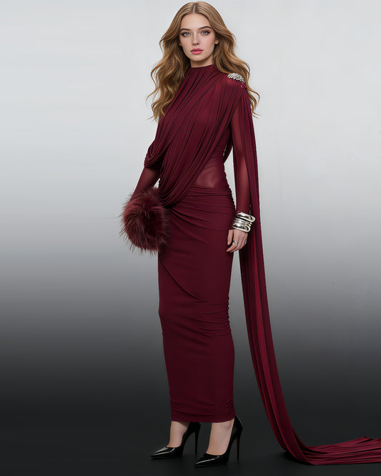 Wine Red High Neck Ruched Trailing Maxi Dress