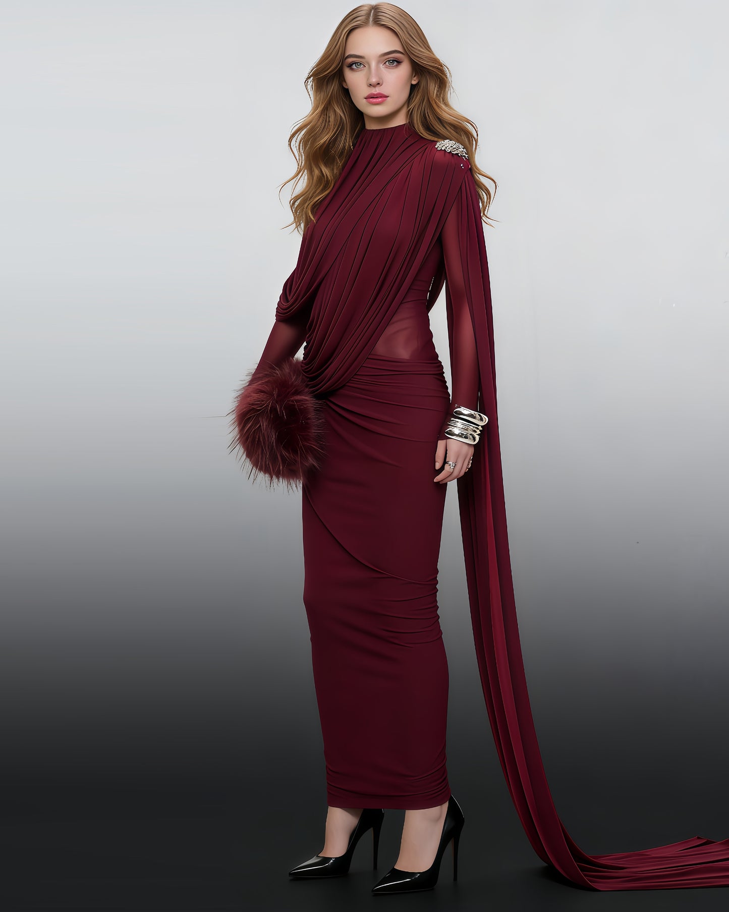 Wine Red High Neck Ruched Trailing Maxi Dress