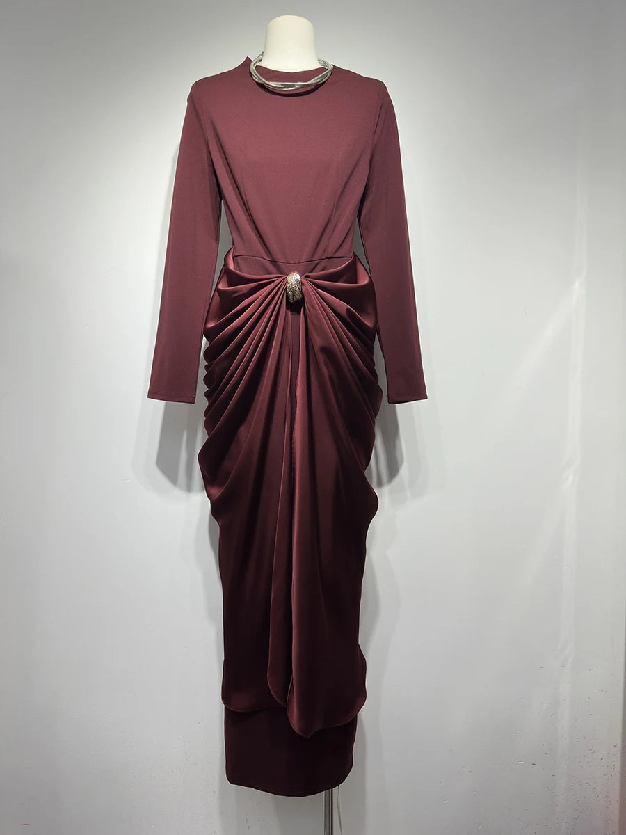 Wine Red Ruched Fitted Midi Dress