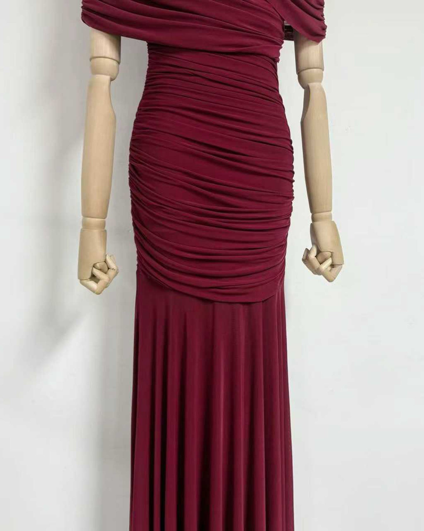 Wine Red Ruched Waist Draped Maxi Dress