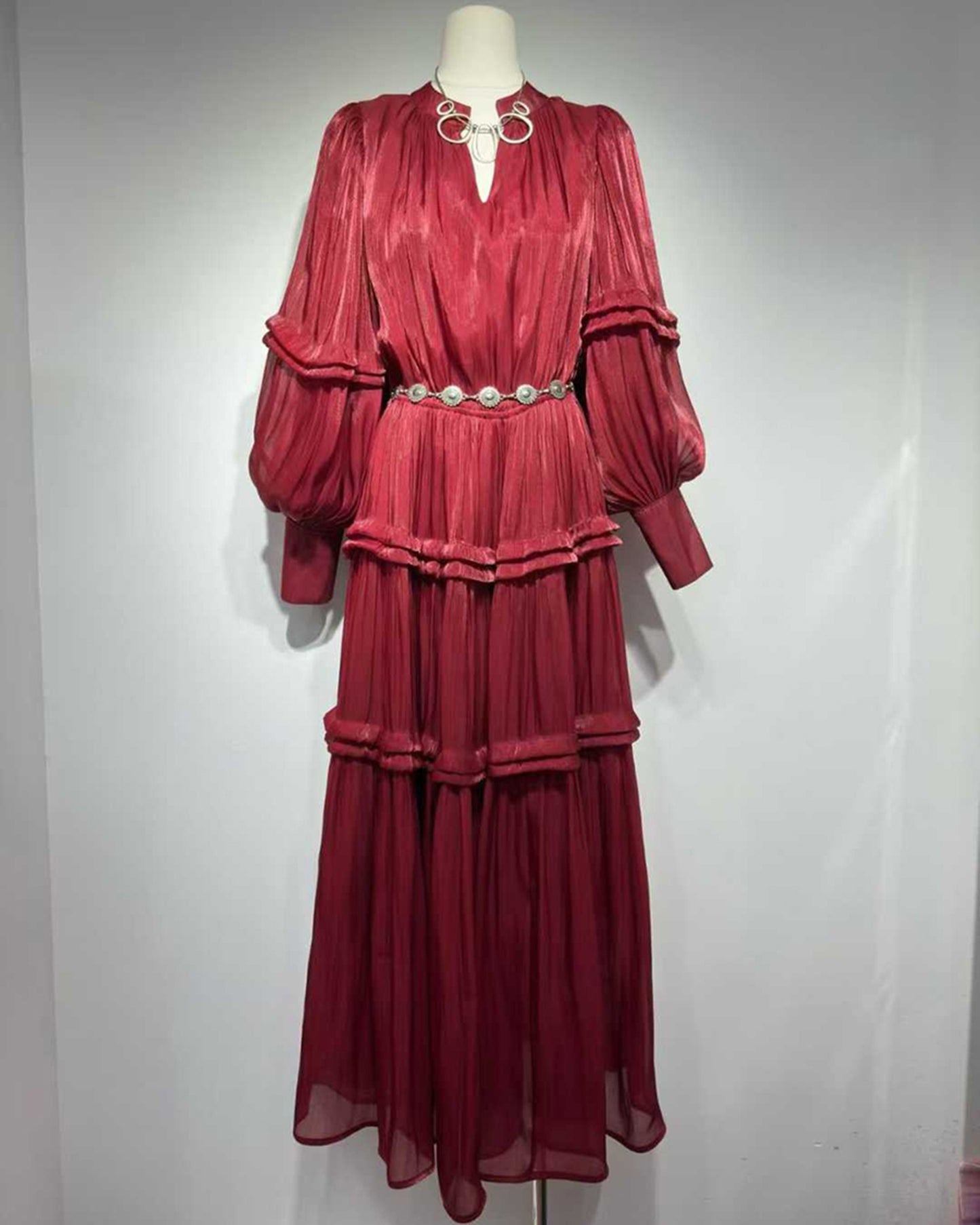 Wine Red Shiny Lantern Sleeve Tiered Maxi Dress
