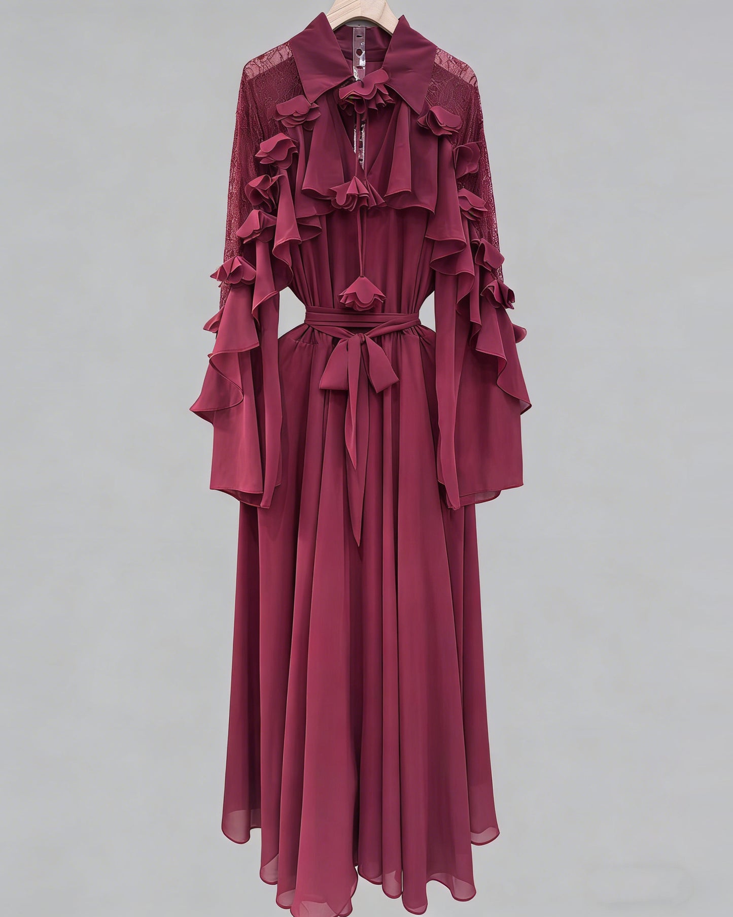 Wine Red Shirt Collar Ruffled Shiny Maxi Dress