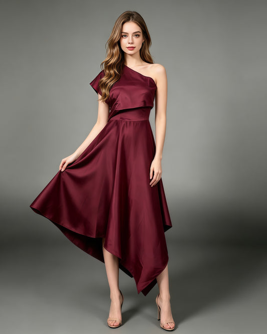Winered Satin Asymmetrical Off One Shoulder Dress