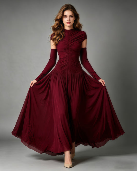 Winered Stand Collar Ruched Maxi Dress
