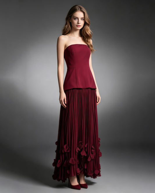 Winered Strapless Pleated 3D Floral Hem Midi Dress