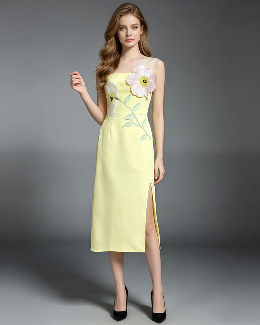 Yellow 3D Floral Applique Strapless Midi Dress