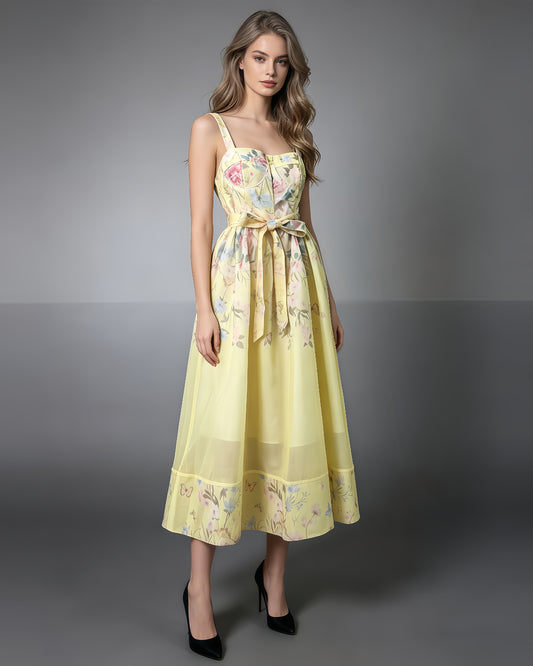 Yellow Floral 3D Appliqué Corset Maxi Dress