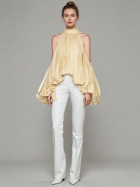 Yellow Halter Neck Puff Sleeve Blouse