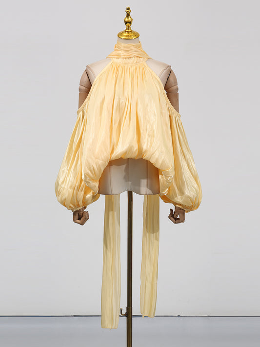 Yellow Halter Neck Puff Sleeve Blouse