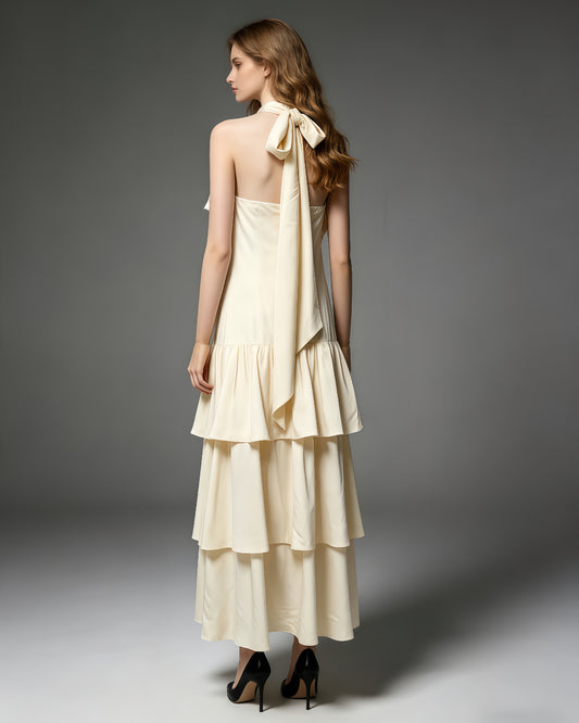 Yellow Halter Neck Ruffle Tiered Maxi Dress